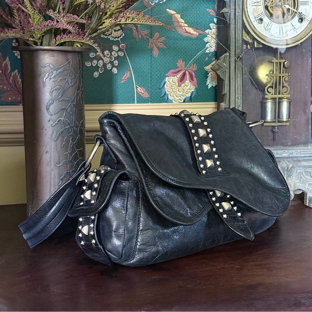 Rare Francesco Biasia Distressed Black Leather Handbag with Silver Stud Accents